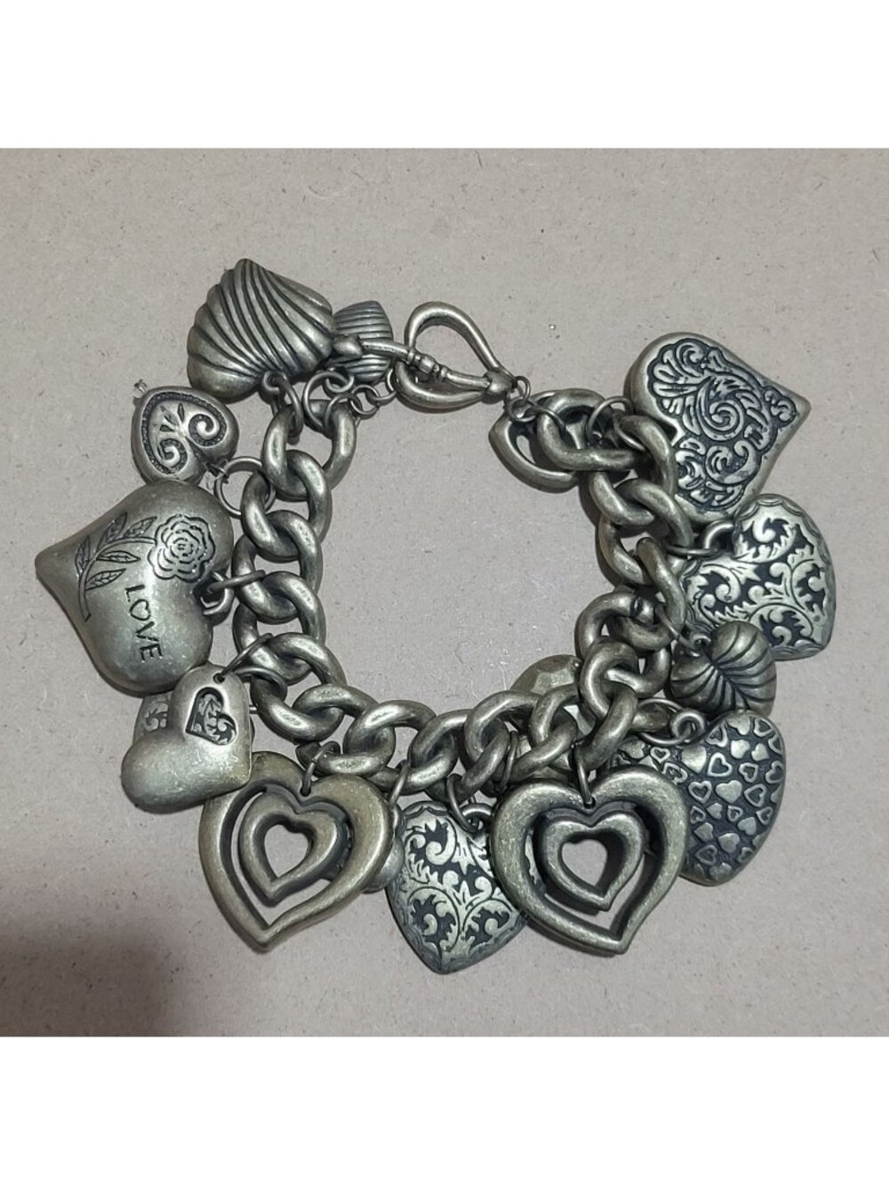 Bronze Tone Hearts Charm Bracelet Multiple Puffed Heart Charms Engraved Decorati